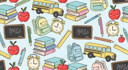 Seamless pattern of cheerful school supplies including buses, books, backpacks, and apples on a light blue background.