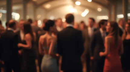 Blurred figures of people at an elegant evening reception, creating an atmosphere of celebration and festivity