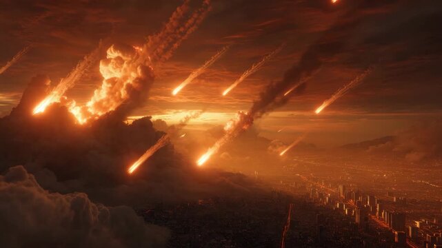 Meteor Impact in Fiery Cloud Over City