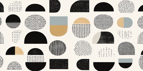 Abstract geometric pattern with black white gold and gray shapes including circles semicircles rectangles and textures creating modern minimal decor style.