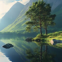 A serene lake reflecting trees and mountains under a bright sky with scattered rocks on the shore