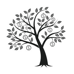 A silhouette of a money tree with dollar coins growing on its branches, a concept for finance and investment.