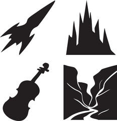 Silhouette collage of a rocket a castle a violin and a canyon landscape