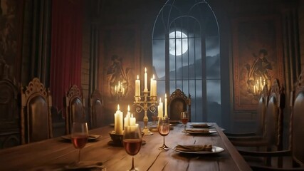 Elegant candlelit dining room with ornate chairs and a large arched window revealing a moonlit mountain landscape. - Powered by Adobe