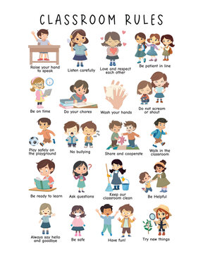 Classroom Rules Poster for Kids &ndash; Fun and Positive Behavior Guide. Classroom rules chart for kids with cute illustrations to promote positive behavior, teamwork, and safety in school or homeschool set