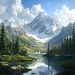 A scenic view of a lake surrounded by trees and mountains with snow under a cloudy blue sky