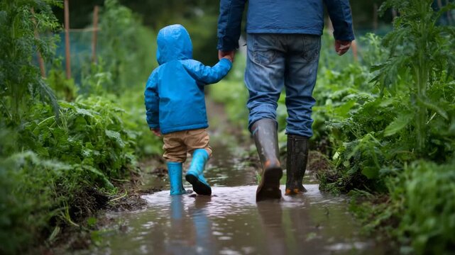 Father and Child Walking Through Wet Garden Path