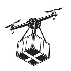 Silhouette icon of a delivery drone carrying a package box. Vector illustration for logistics and transport.