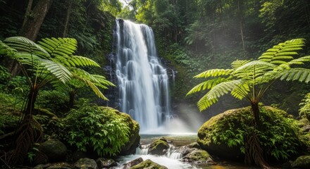 Tropical Waterfall Surrounded by Lush Greenery
