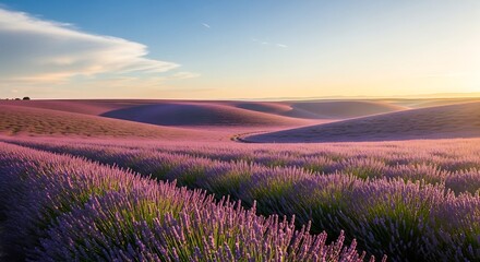 Breathtaking panoramic view of a rolling lavender field at sunset, with golden light illuminating the purple flowers and serene landscape.