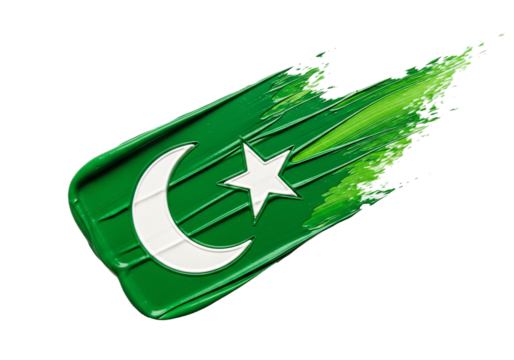 Green brush stroke with white crescent moon and star symbol isolated on transparent background