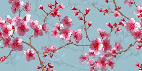 Naklejka premium Delicate pink cherry blossoms bloom on branches against a soft blue background