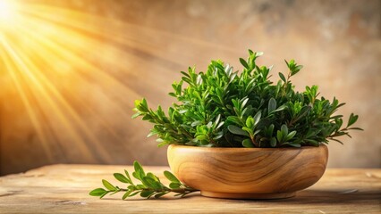 Vibrant Green Foliage in Rustic Wooden Bowl, Bathed in Warm Sunlight on Wooden Surface