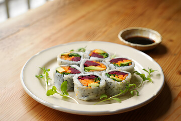 Vibrant Vegetable Sushi Rolls: Gourmet Food Photography, Appetising Presentation, Healthy Eating Concept.