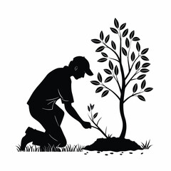 Silhouette of a person planting a young sapling in the earth. A black vector icon representing growth, gardening, and conservation.