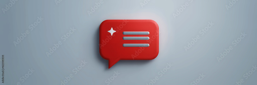 Poster a red speech bubble with a star and three lines on a gray background in a close up studio shot