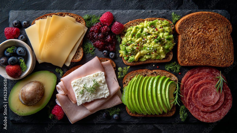 Poster overhead view of assorted open faced sandwiches and toppings on a dark slate serving platter