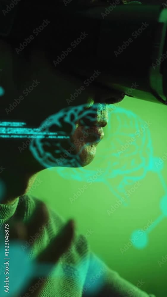 Poster animation of data processing with brains over asian businessman using vr headset in server room