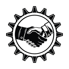 Silhouette of a handshake inside a gear. Black icon symbolizing business agreement, industrial cooperation, and teamwork.