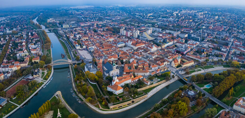  Aerial wide view around the city Győr in Hungary on a cloudy autumn day.