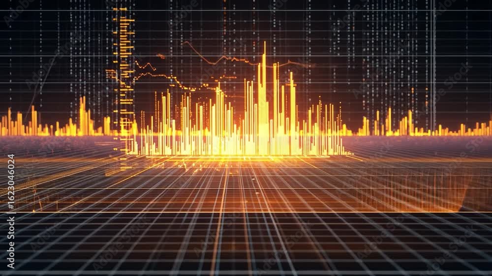 Poster vibrant digital data visualization analyzing statistics with orange and yellow bars on dark grid, sh