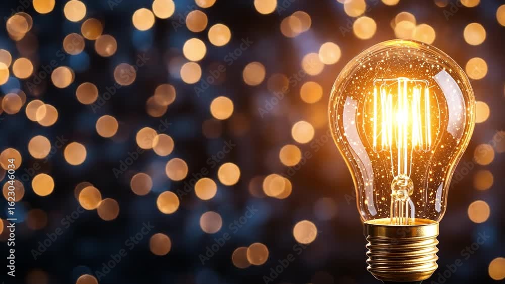 Poster glowing light bulb with intricate filament design shines brightly, creating warm atmosphere against 