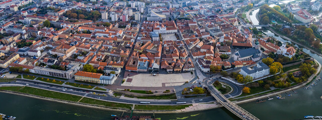  Aerial wide view around the city Győr in Hungary on a cloudy autumn day.