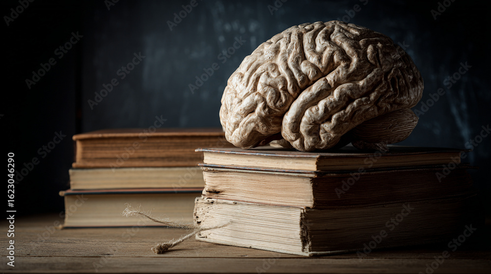 Poster a brain model resting atop a stack of aged books against a dark backdrop in a dimly lit setting