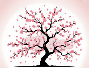 Fototapeta premium Silhouette of a Blooming Cherry Tree with Falling Pink Petals