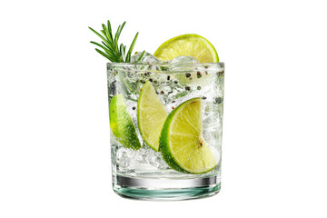Refreshing gin and tonic with lemon and mint isolated on transparent background