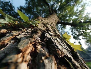 Majestic Tree Trunk with Upward Angle, Lush Green Leaves  Bark Detail, Nature, and Park.