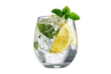 Refreshing gin and tonic with lemon and mint isolated on transparent background