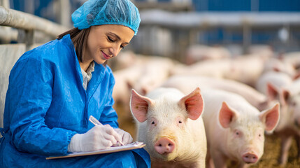 Woman in protective gear taking notes near pigs in a pen, possibly a veterinarian or farm worker checking health