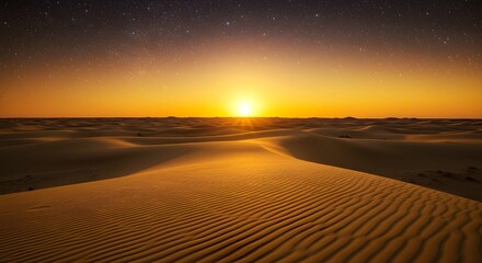 Fototapeta premium Sunset in the desert with golden sand dunes, transitioning into a starry night sky, serene and breathtaking landscape, concept of nature’s beauty, solitude, and peaceful contemplation.