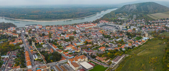 Aerial view of the city Hainburg an der Donau, Austria on a sunny morning in autumn.