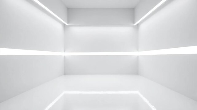 A bright white room with led lighting strips along the walls ceiling and floor creating a modern look