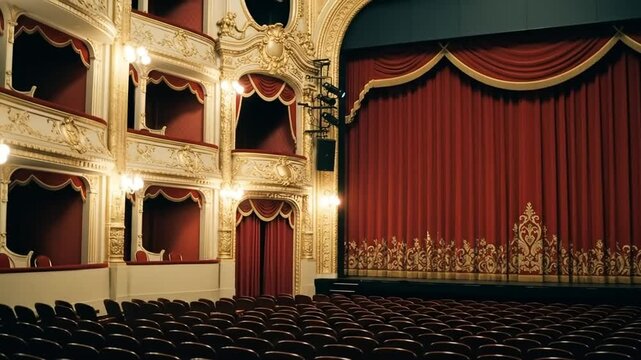 Grand empty theater interior featuring luxurious red velvet curtains, ornate balconies, and rows of seats.