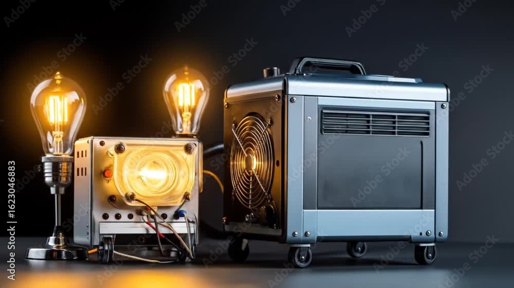 Poster steampunk style machine with metallic components and glowing light bulbs on dark background in a stu