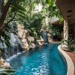 Turquoise pool with waterfalls surrounded by lush tropical plants and stone structures outdoors