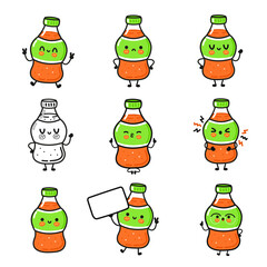 Cute soda bottle characters expressing various emotions in a cartoon illustration style.