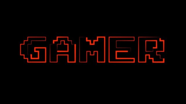 Gamer animation of looped text with glitch effect on black background. 8 bit video game screen saver.