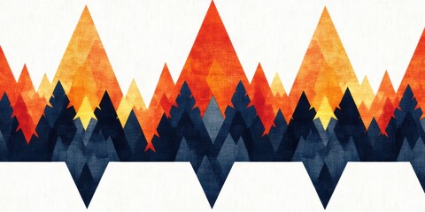 Abstract geometric mountain and forest landscape with bold silhouettes and vivid orange red sunset tones. Modern nature graphic scene for creative design.
