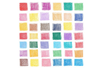 Colorful pencil shaded squares. Pen stroke scribble, hand drawn scrawl sketch texture and line sketched isolated on transparent background	