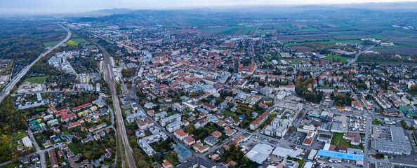 Aerial view of the city  Korneuburg in Austria on a sunny afternoon in autumn.	