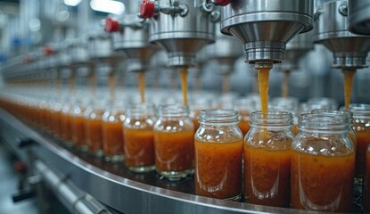 Glass jars move along a conveyor belt as metal dispensers fill them with thick sauce. Industrial food production scene highlights precision, hygiene, and automation