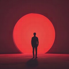 Silhouette of a person standing in front of a large red circle against a red background wall