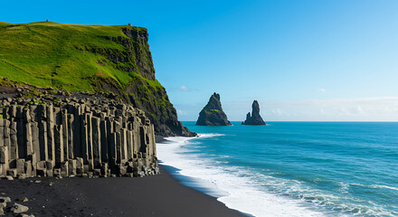 Explore Iceland's stunning black sand beach with basalt columns and dramatic cliffs under a clear blue sky