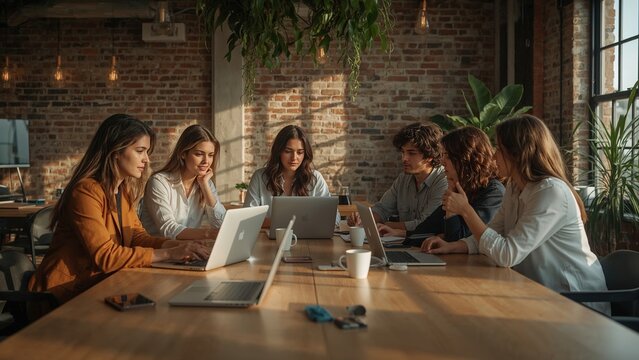 Collaborative Team Meeting in Modern Office with Brick Wall and Greenery