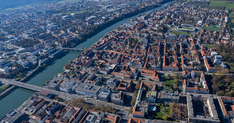 Aerial view of the city Maribor in Slovenia on a sunny afternoon in autumn.	