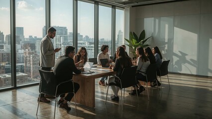 Diverse team collaborates at modern office table with city view and natural light